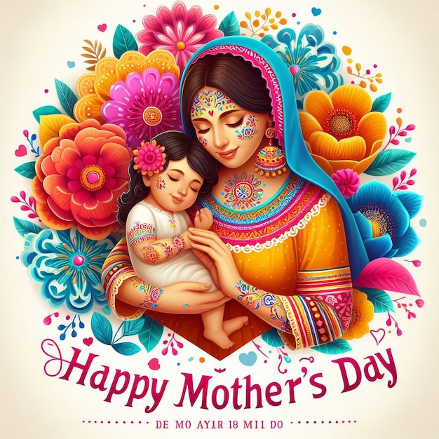 um cartaz para uma mãe e uma criança com flores e uma foto de uma mãe segurando uma criança