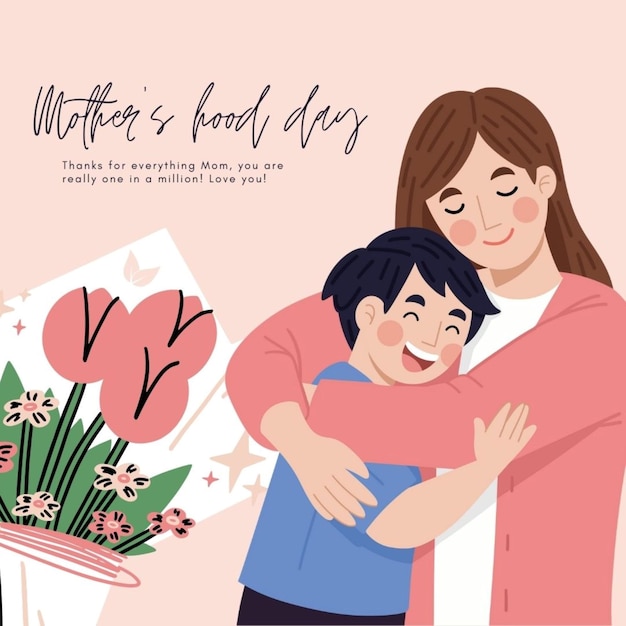 um cartaz para uma mãe e uma criança com um sinal que diz "Dia da Mãe"