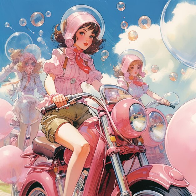 Foto um cartaz para uma menina em uma scooter rosa com bolhas no fundo