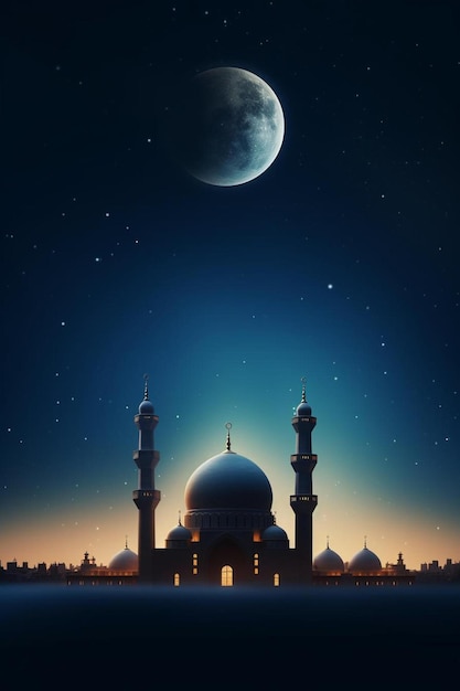 Foto um cartaz para uma mesquita com uma lua cheia e uma cidade ao fundo