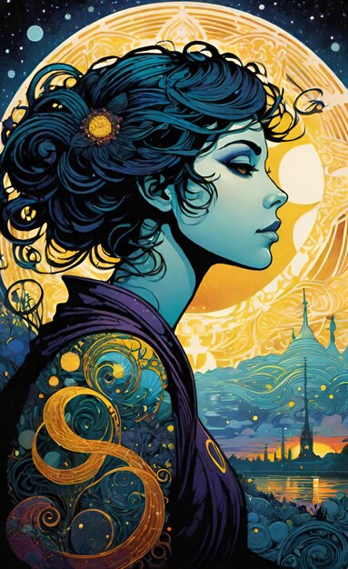 um cartaz para uma mulher com um fundo azul com um céu azul e um desenho de uma mulher com uma lua em