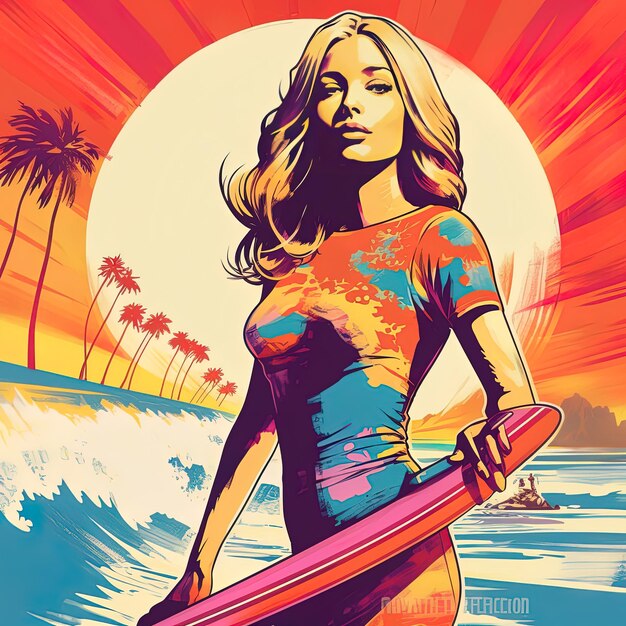 Foto um cartaz para uma mulher com uma prancha de surf em primeiro plano