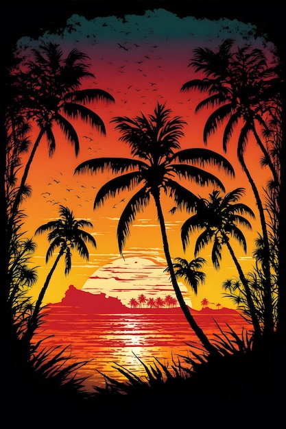 Um cartaz para uma praia com palmeiras e o sol brilhando sobre ela.