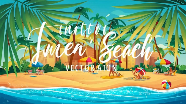 um cartaz para uma praia com uma cena de praia e uma cena de praia com uma escena de praia