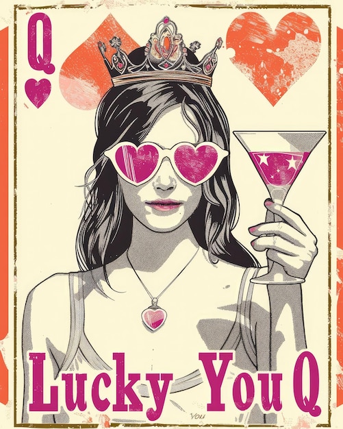 Um cartaz para uma rapariga sortuda com um copo de martini e um coração rosa