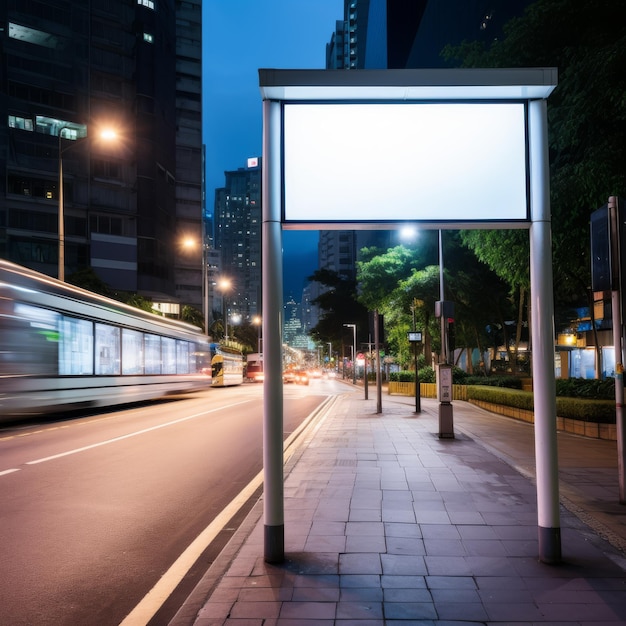 Foto um cartaz publicitário em branco em uma parada de ônibus em um cenário noturno urbano