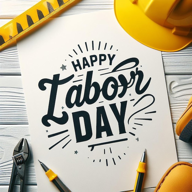 Foto um cartaz que diz feliz dia do trabalho e também um capacete amarelo de trabalhadores na imagem