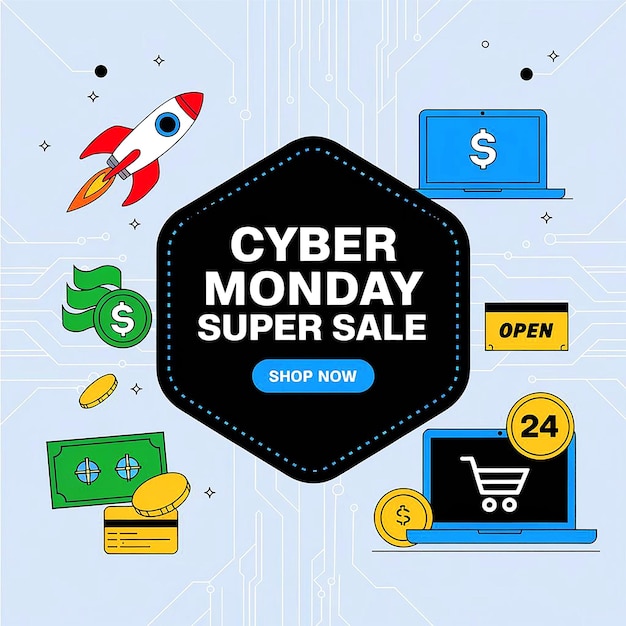 Um cartaz que diz venda de Cyber Monday é exibido