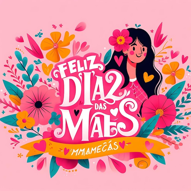 Foto um cartaz rosa com uma mulher e flores no meio com letras em espanhol para o dia das mães