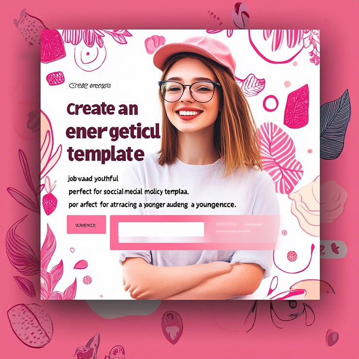 Foto um cartaz rosa com uma mulher usando óculos e um chapéu rosa