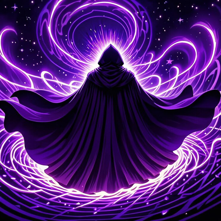 Foto um cartaz roxo e preto com um fundo roxo com uma cabeça alienígena roxa