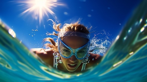 Foto um cartaz subaquático de uma bela nadadora