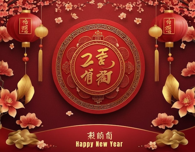 Foto um cartaz vermelho com caracteres chineses e um fundo vermelho com chinês feliz ano novo