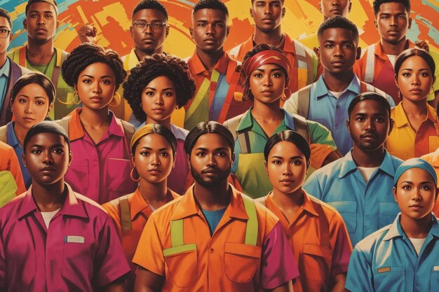 Foto um cartaz vibrante com um grupo diversificado de trabalhadores de diferentes indústrias