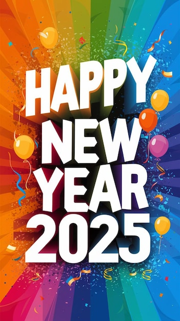Um cartaz vibrante e colorido de Feliz Ano Novo 2025