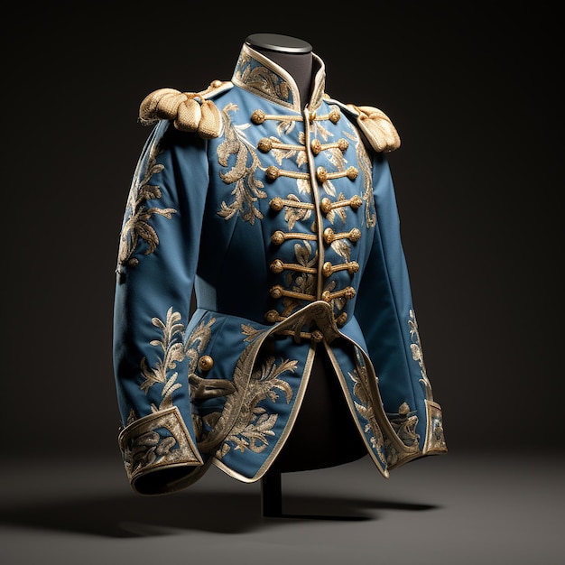 Um casaco azul com detalhes dourados para um jovem príncipe do século XVIII.