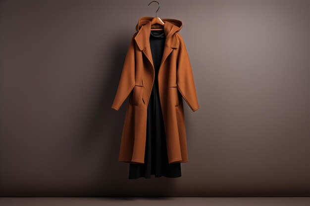 Um casaco longo de castanha e uma jaqueta preta pendurados em uma camisola de cor mocha