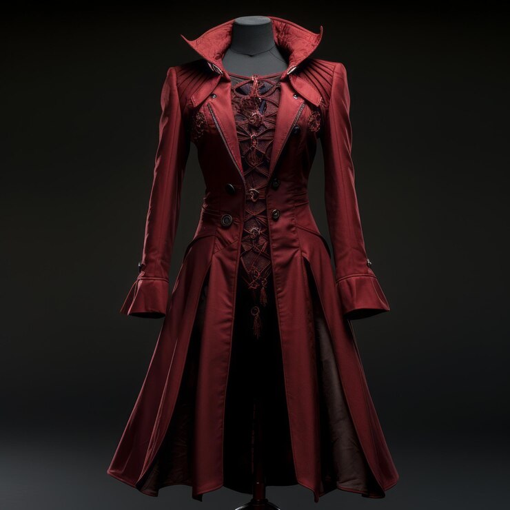 Foto um casaco vermelho inspirado no steampunk com detalhes finos