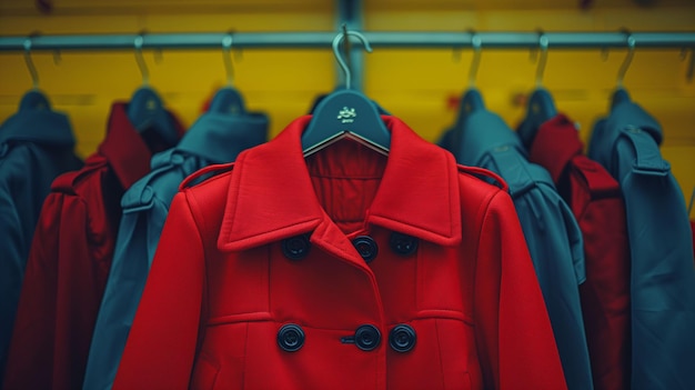 Um casaco vermelho vibrante se destaca entre uma fileira de jaquetas azuis em ganchos contra um fundo amarelo