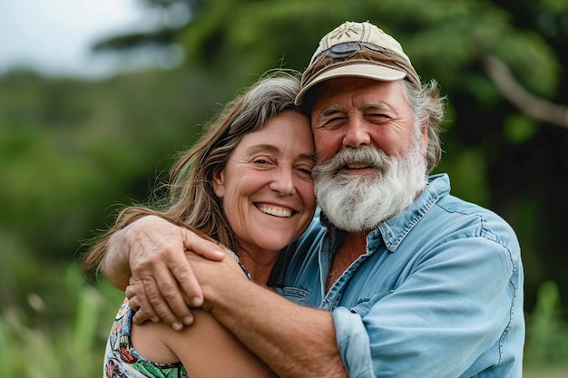 Foto um casal a abraçar-se a sorrir.