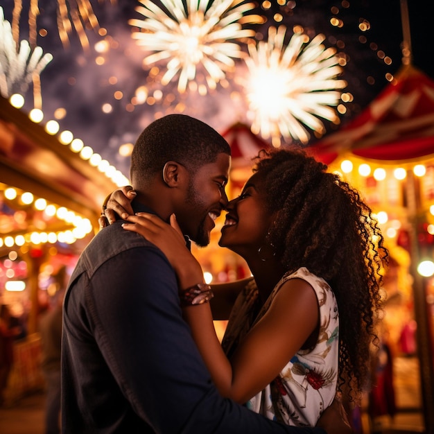 Um casal a abraçar-se em frente a um espetáculo de fogos de artifício deslumbrante