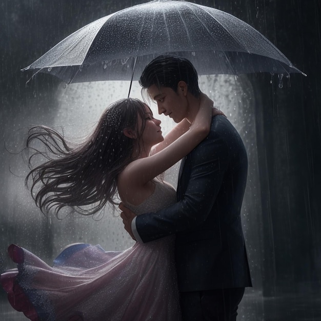 Um casal a abraçar-se na fantasia da chuva.