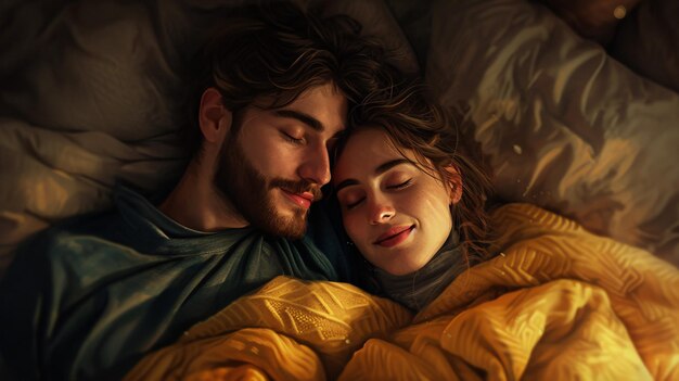 Um casal a aconchegar-se com cobertores na cama