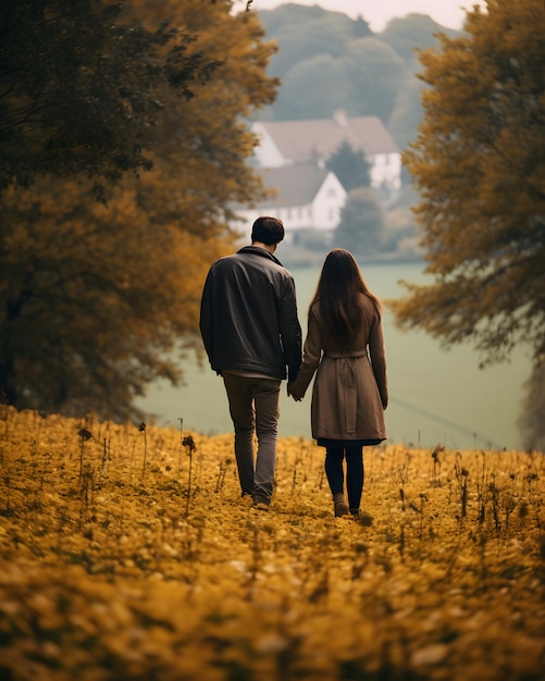 Foto um casal a andar de mãos dadas.