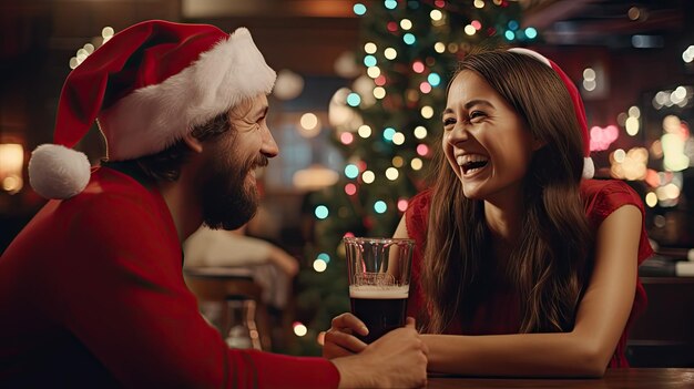 Um casal a beber num bar na véspera de Natal.