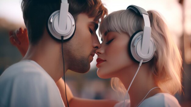 Um casal a beijar-se com fones de ouvido na cabeça.