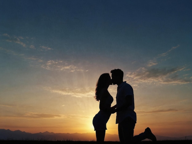 Um casal a beijar-se em frente a um pôr-do-sol