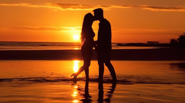 Um casal a beijar-se no pôr-do-sol na praia.