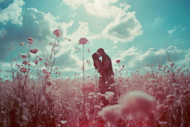 Foto um casal a beijar-se num campo de flores.