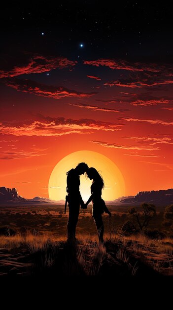 Um casal a beijar-se sob um pôr-do-sol com o sol atrás deles