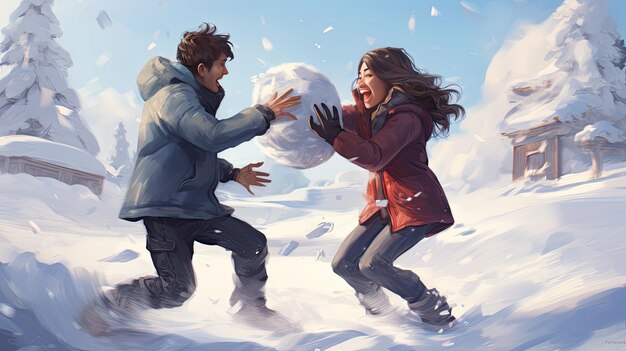 Foto um casal a brincar com uma bola de neve na neve.