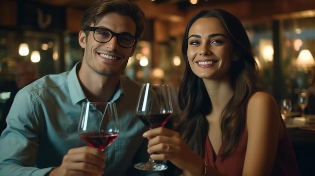 Foto um casal a brindar num restaurante de vinhos. ia generativa.