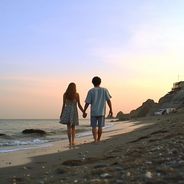 Um casal a caminhar na praia de mãos dadas.