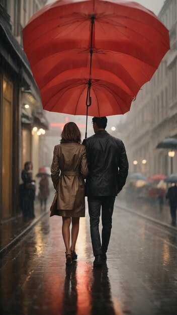 Um casal a caminhar pela rua debaixo de um guarda-chuva.