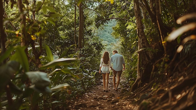 Um casal a caminhar por um caminho na selva.