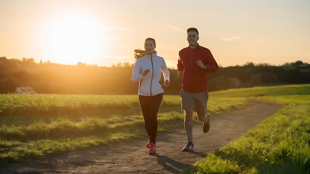 Um casal a correr ao amanhecer.