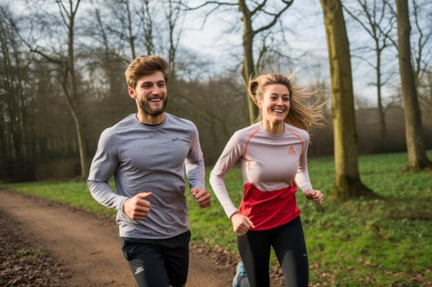 Foto um casal a correr no bosque.