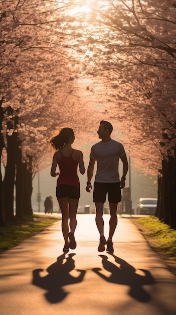 Foto um casal a correr no parque ao pôr-do-sol