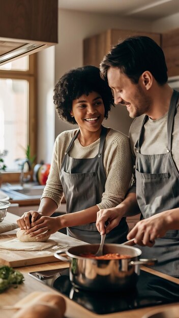 Foto um casal a cozinhar juntos.