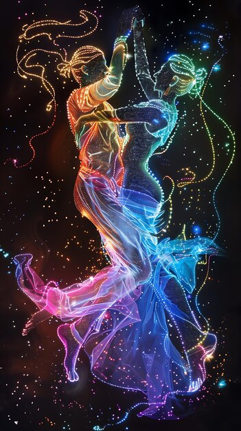 Foto um casal a dançar com um lindo vestido de fundo multicolor