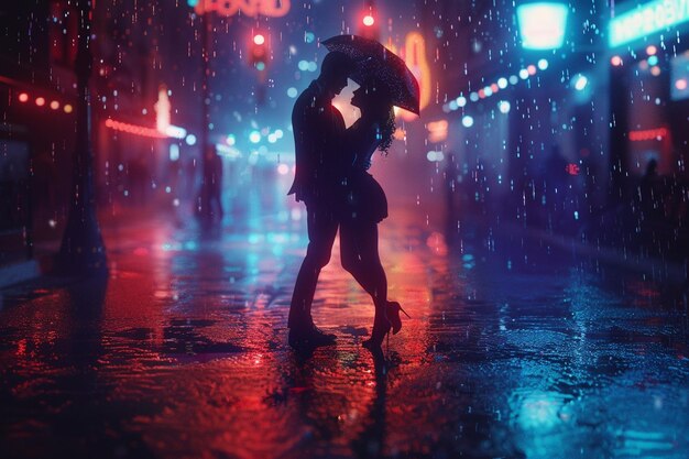 Um casal a dançar na chuva.