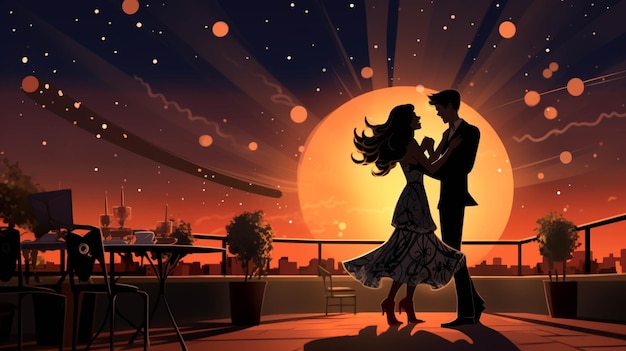 Um casal a dançar sob as estrelas numa festa no jardim do telhado