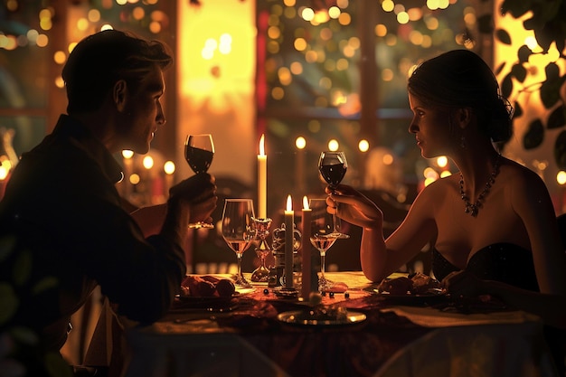 Um casal a desfrutar de um jantar romântico à luz de velas.
