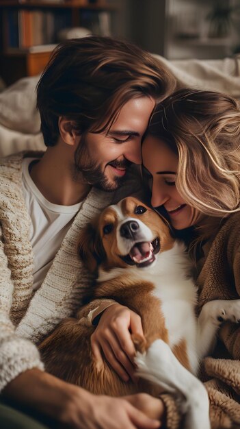 Um casal a divertir-se com o cão.