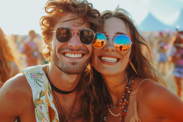 Um casal a divertir-se num festival de música de verão.