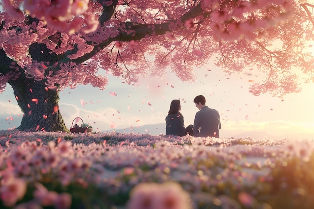 Foto um casal a fazer um piquenique romântico debaixo de uma flor de cereja.
